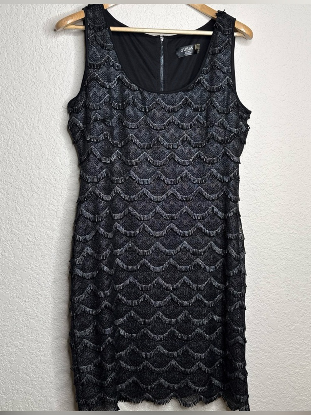GUESS Fringe Scallop Bodycon Dress Size 14 Black Silver Cocktail LBD